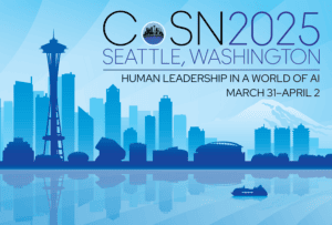 CoSN 2025 Conference illustration: Human Leadership in a World of AI, March 3-April 2 in Seattle, Washington